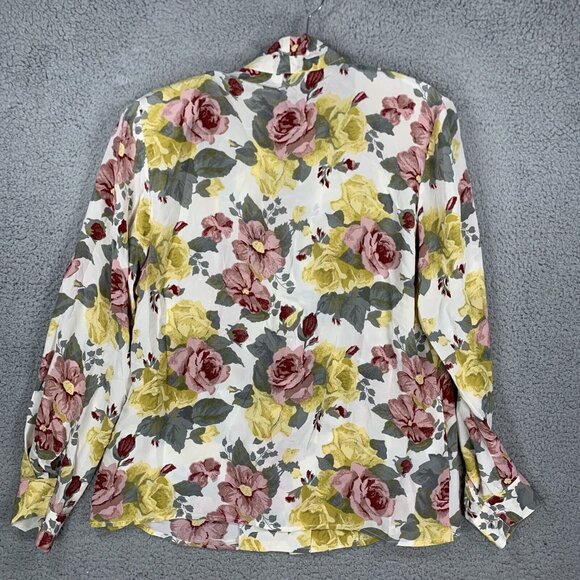 S. L. B. Womens M Colorful Floral Silk Button Long Sleeve Blouse Shoulder Pads - Picture 9 of 10